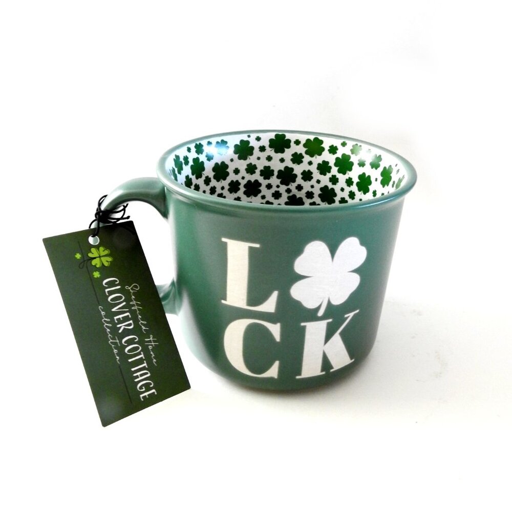 NWT Lucky Coffee Mug by Clover Cottage Gift Clover Leaf Green
